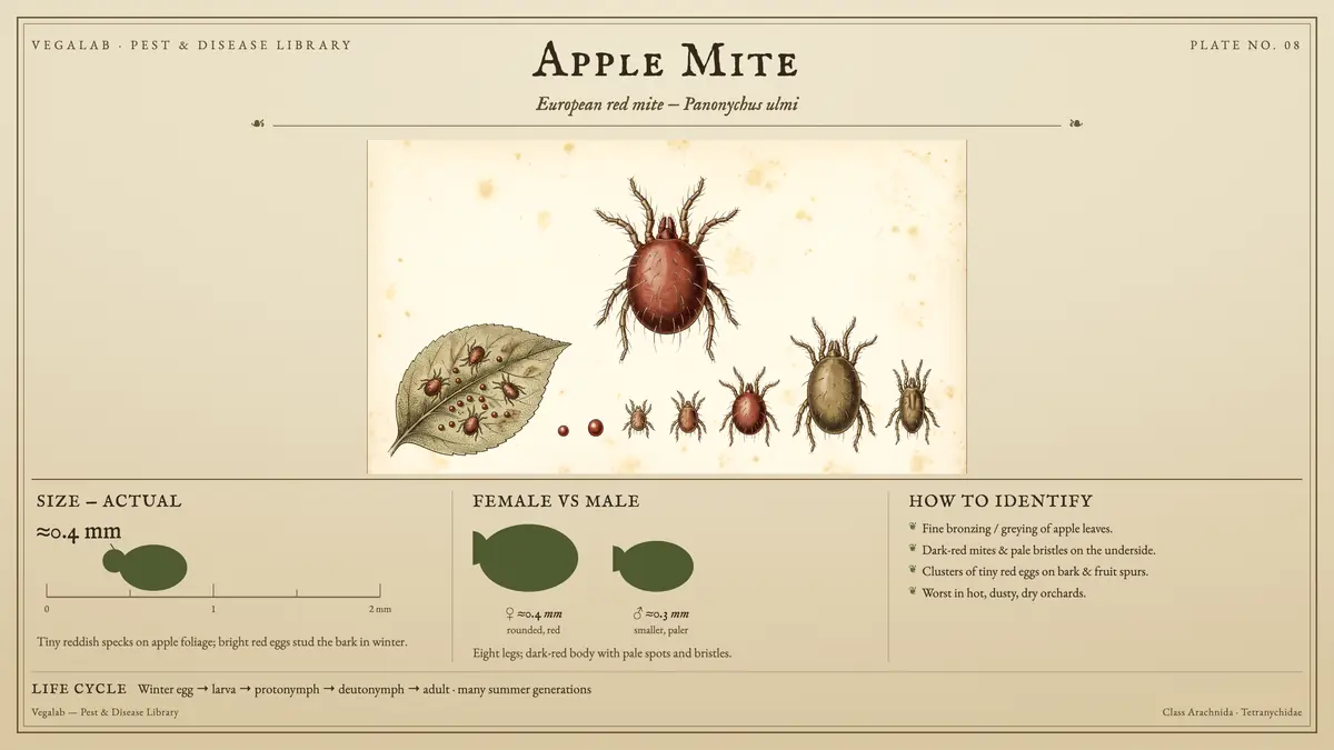 Identification plate for apple mite: about ≈0.4 mm, ♀ ≈0.4 mm rounded, red and ♂ ≈0.3 mm smaller, paler, with winter egg → larva → protonymph → deutonymph → adult · many summer generations.
