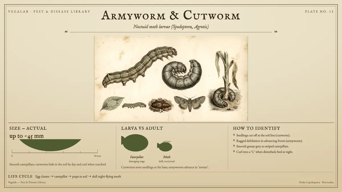Identification plate for armyworm & cutworm: about up to ~45 mm, Caterpillar damaging stage and Moth dull, nocturnal, with egg cluster → caterpillar → pupa in soil → dull night-flying moth.