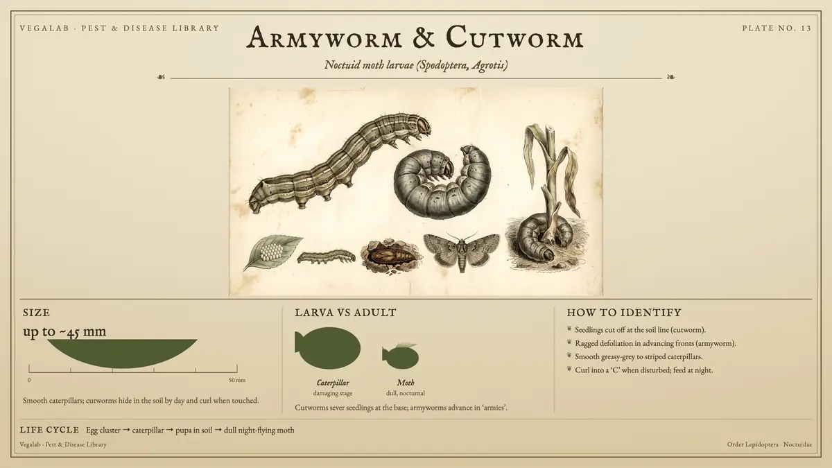 Lámina de identificación del gusano soldado y el gusano cortador: tamaño de hasta ~45 mm, oruga (fase dañina) y polilla (de colores apagados, nocturna), con masa de huevos → oruga → pupa en el suelo → polilla nocturna de colores apagados.