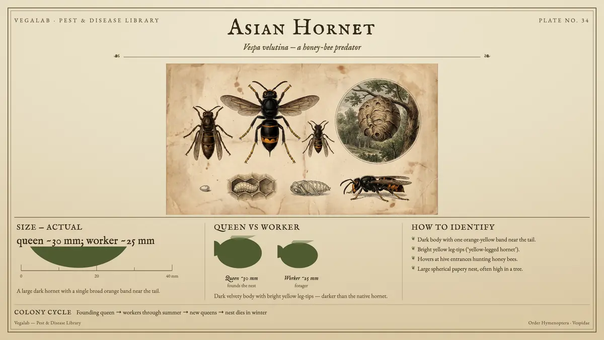 Identification plate for asian hornet: about queen ~30 mm; worker ~25 mm, Queen ~30 mm founds the nest and Worker ~25 mm forager, with founding queen → workers through summer → new queens → nest dies in winter.