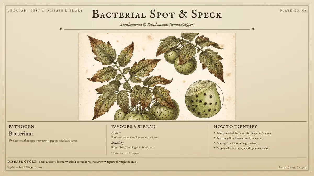 Identification plate for bacterial spot & speck: bacterium, size shown to scale, with seed- & debris-borne → splash-spread in wet weather → repeats through the crop.