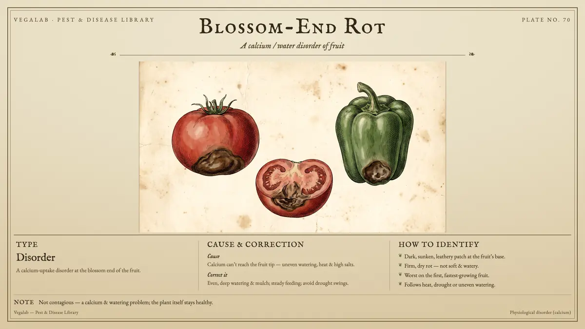 Identification plate for blossom-end rot: disorder, size shown to scale, with not contagious - a calcium & watering problem; the plant itself stays healthy..