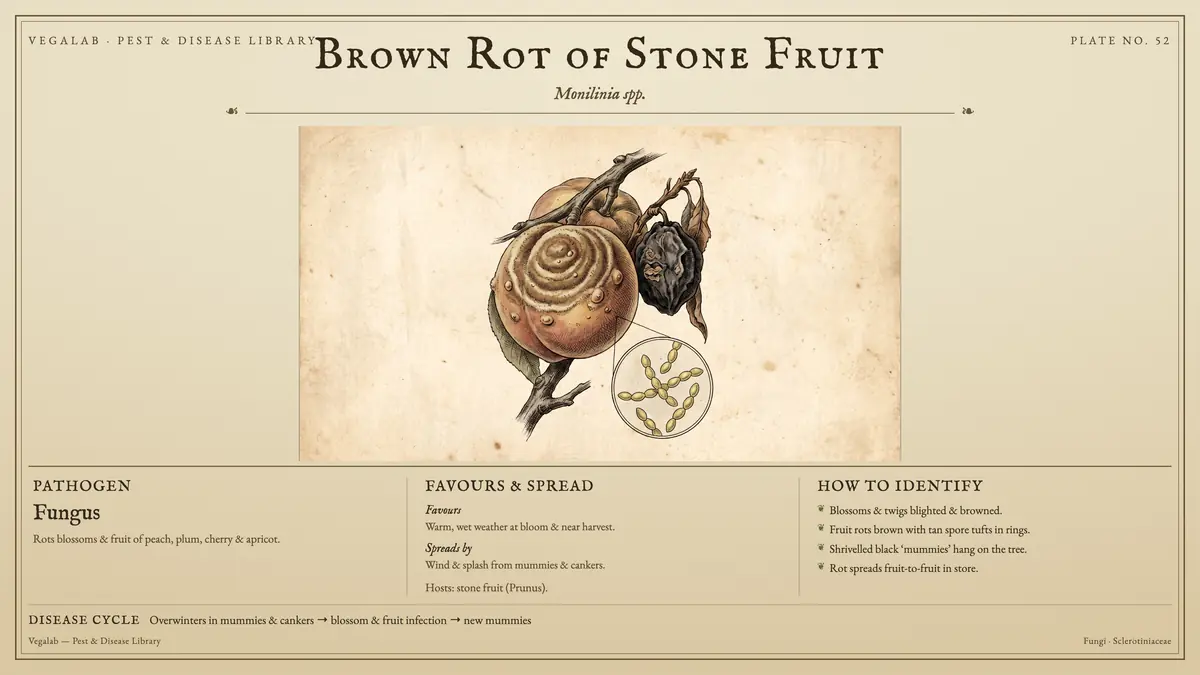 Identification plate for brown rot of stone fruit: fungus, size shown to scale, with overwinters in mummies & cankers → blossom & fruit infection → new mummies.