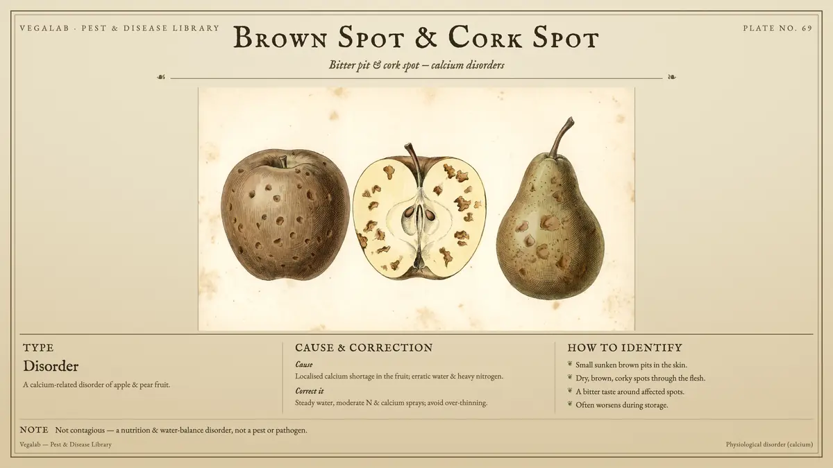 Identification plate for brown spot & cork spot: disorder, size shown to scale, with not contagious - a nutrition & water-balance disorder, not a pest or pathogen..