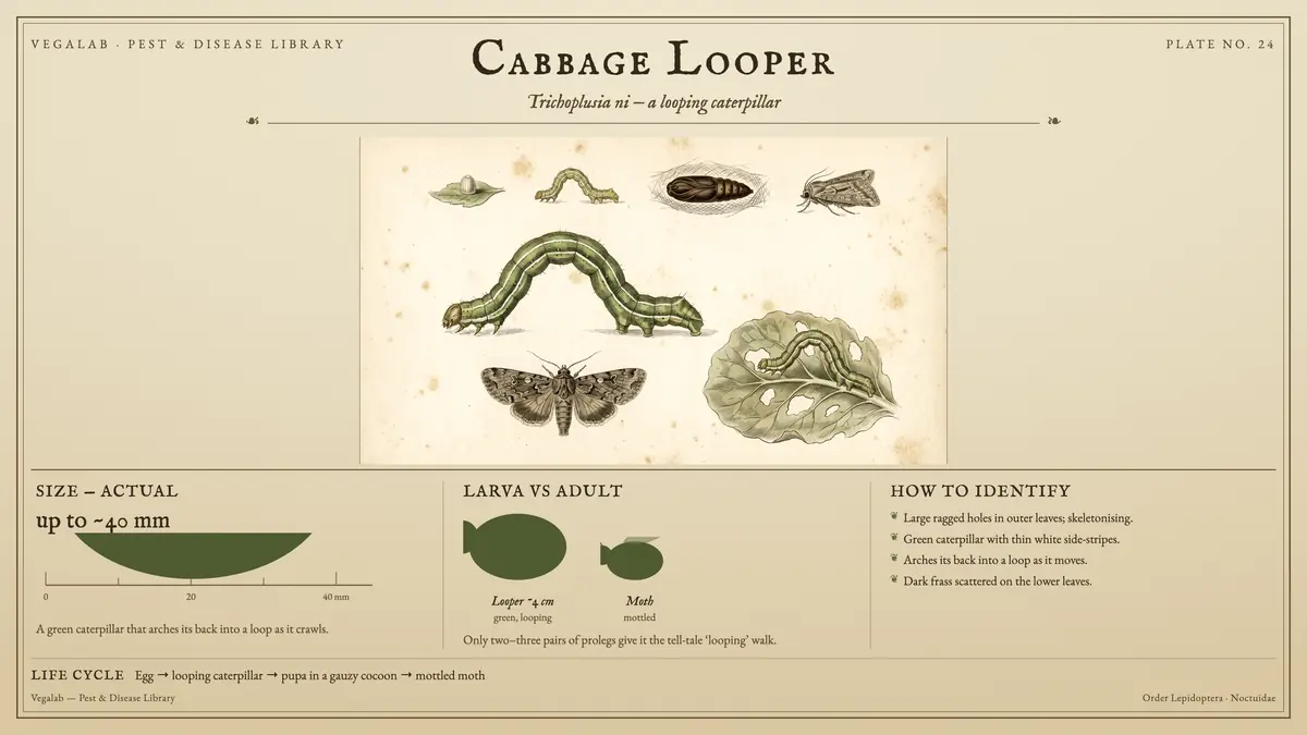 Identification plate for cabbage looper: about up to ~40 mm, Looper ~4 cm green, looping and Moth mottled, with egg → looping caterpillar → pupa in a gauzy cocoon → mottled moth.