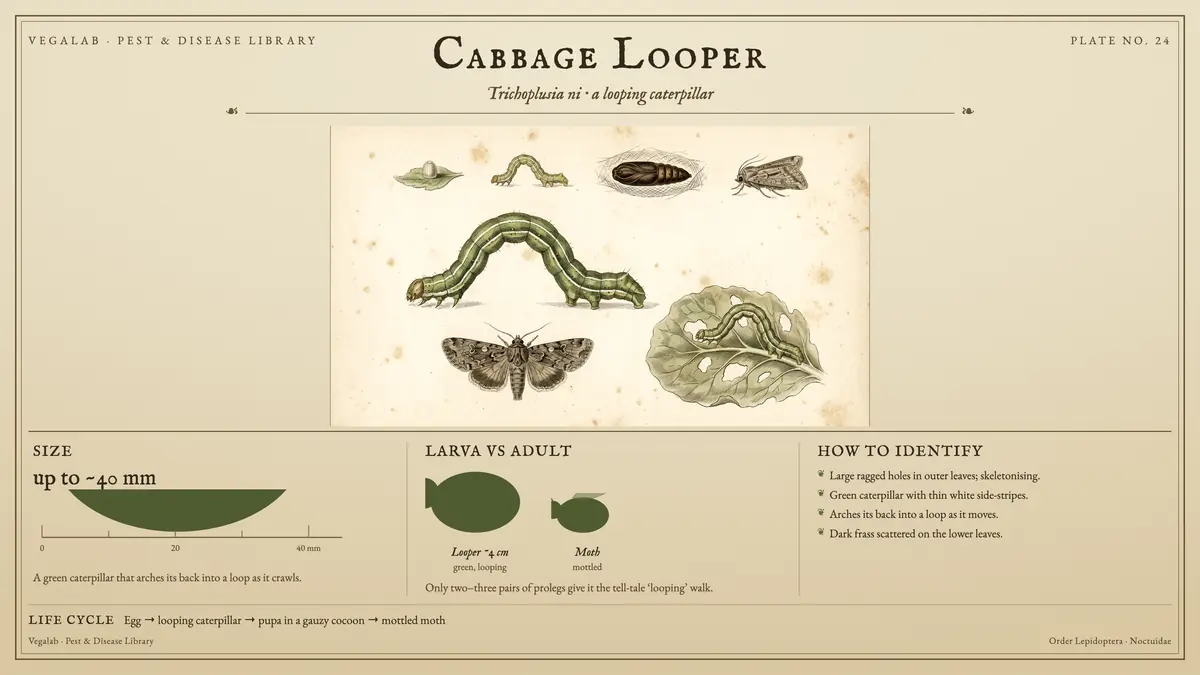 Lámina de identificación del falso medidor de la col: hasta unos ~40 mm, gusano medidor de ~4 cm, verde, que se arquea, y polilla moteada, con huevo → oruga que se arquea → pupa en un capullo tenue → polilla moteada.