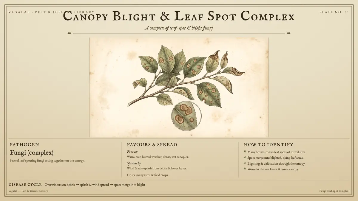 Identification plate for canopy blight & leaf spot complex: fungi (complex), size shown to scale, with overwinters on debris → splash & wind spread → spots merge into blight.