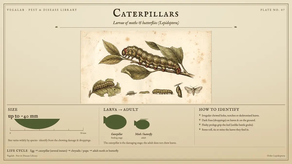 Lámina de identificación de orugas: tamaño de hasta ~40 mm, etapa de alimentación de oruga y adulto de polilla / mariposa, con huevo → oruga (varios estadios) → crisálida / pupa → polilla o mariposa adulta.