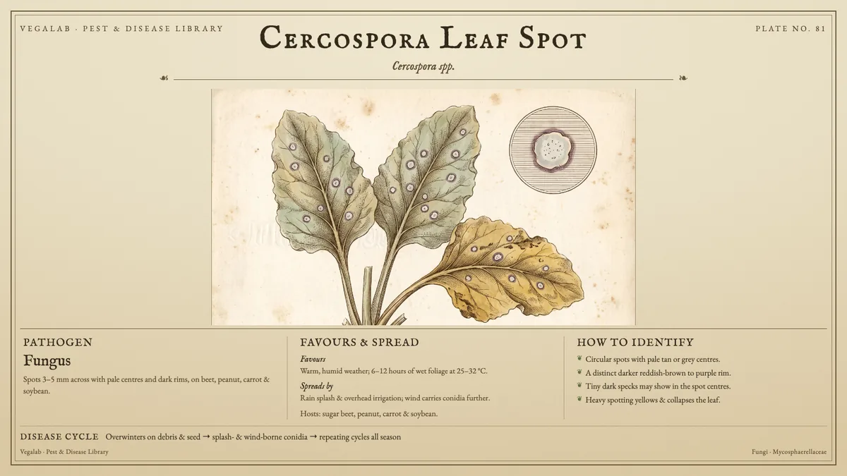 Identification plate for cercospora leaf spot: fungus, size shown to scale, with overwinters on debris & seed → splash- & wind-borne conidia → repeating cycles all season.