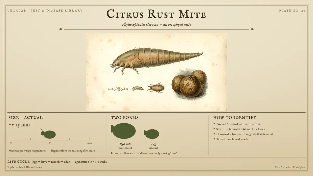 Identification plate for citrus rust mite: about ~0.15 mm, Rust mite wedge-shaped and Egg spherical, with egg → larva → nymph → adult - a generation in ~1 - 2 weeks.
