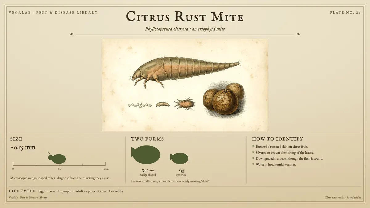 Lámina de identificación del ácaro de la herrumbre de los cítricos: ~0.15 mm, ácaro en forma de cuña y huevo esférico, con huevo → larva → ninfa → adulto: una generación en ~1 - 2 semanas.