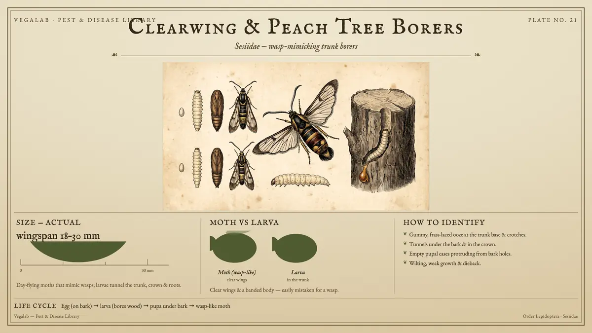 Identification plate for clearwing & peach tree borers: about wingspan 18 - 30 mm, Moth (wasp-like) clear wings and Larva in the trunk, with egg (on bark) → larva (bores wood) → pupa under bark → wasp-like moth.