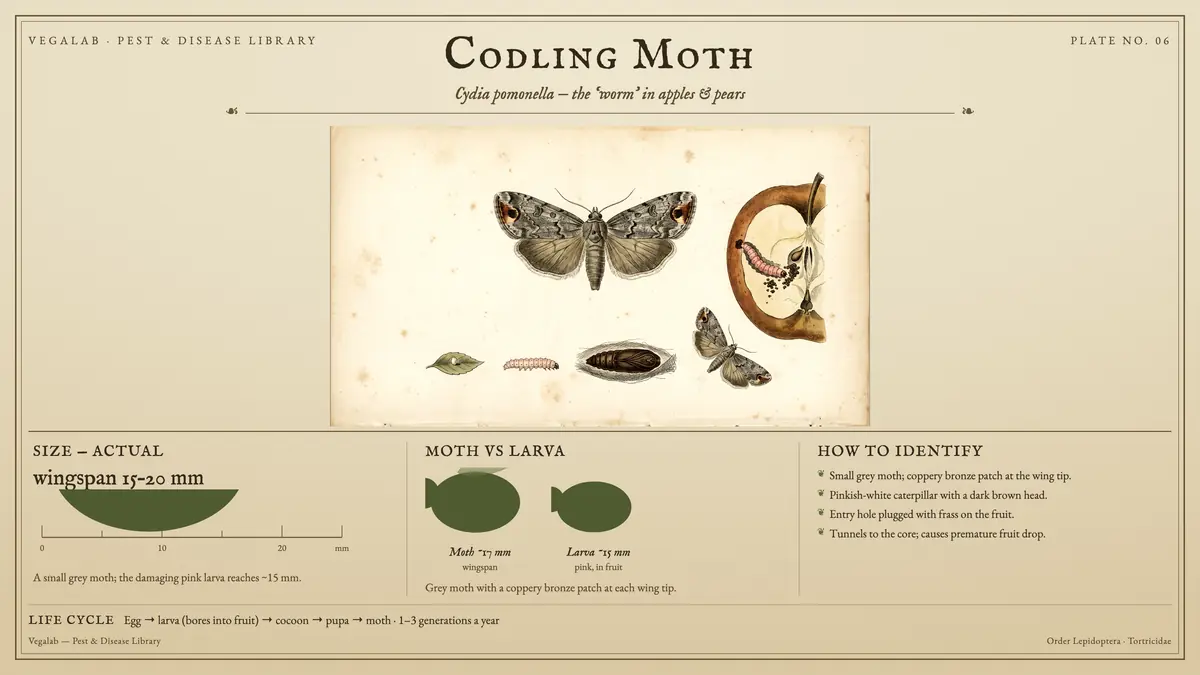 Identification plate for codling moth: about wingspan 15 - 20 mm, Moth ~17 mm wingspan and Larva ~15 mm pink, in fruit, with egg → larva (bores into fruit) → cocoon → pupa → moth · 1 - 3 generations a year.