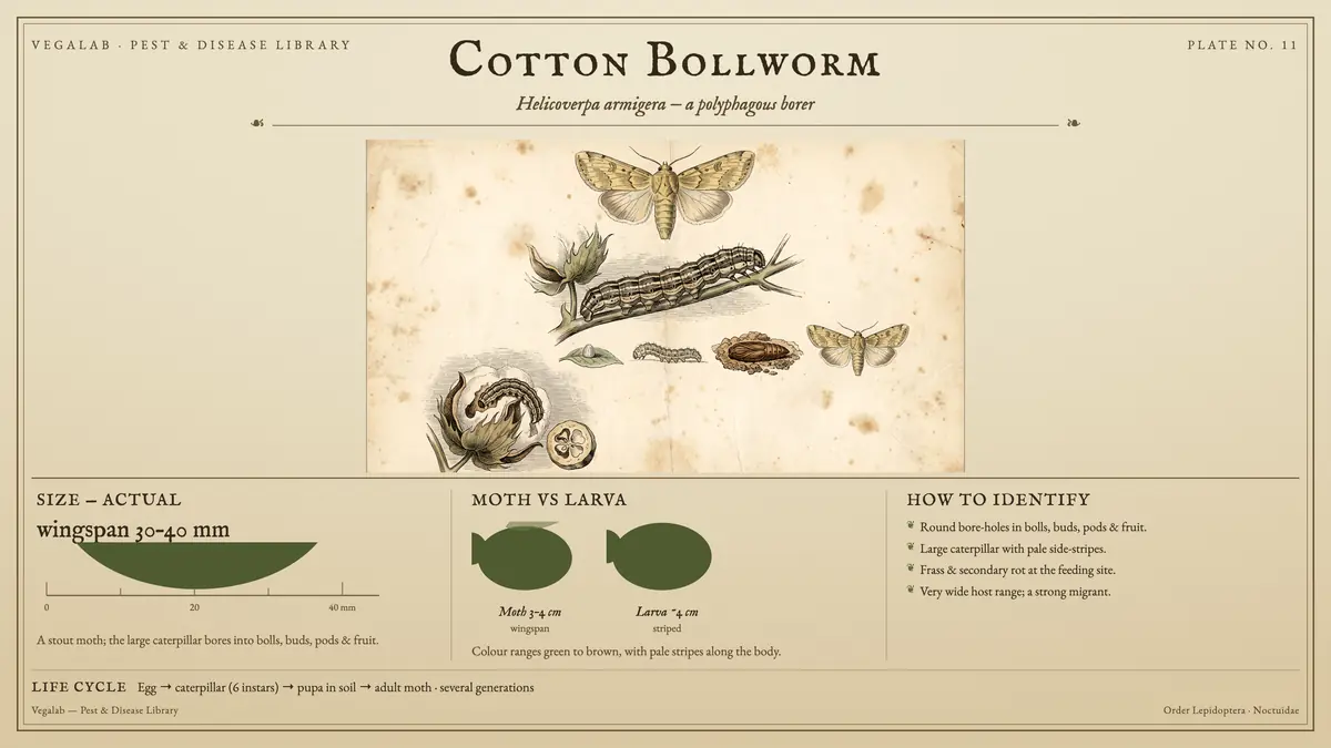 Identification plate for cotton bollworm: about wingspan 30 - 40 mm, Moth 3 - 4 cm wingspan and Larva ~4 cm striped, with egg → caterpillar (6 instars) → pupa in soil → adult moth · several generations.