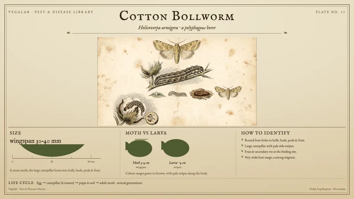 Lámina de identificación del gusano bellotero del algodón: envergadura de aproximadamente 30–40 mm, polilla de 3–4 cm de envergadura y larva de ~4 cm con rayas, con huevo → oruga (6 estadios) → pupa en el suelo → polilla adulta · varias generaciones.