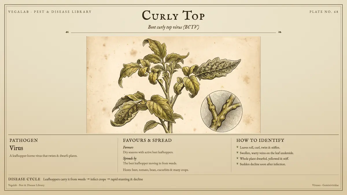 Identification plate for curly top: virus, size shown to scale, with leafhoppers carry it from weeds → infect crops → rapid stunting & decline.