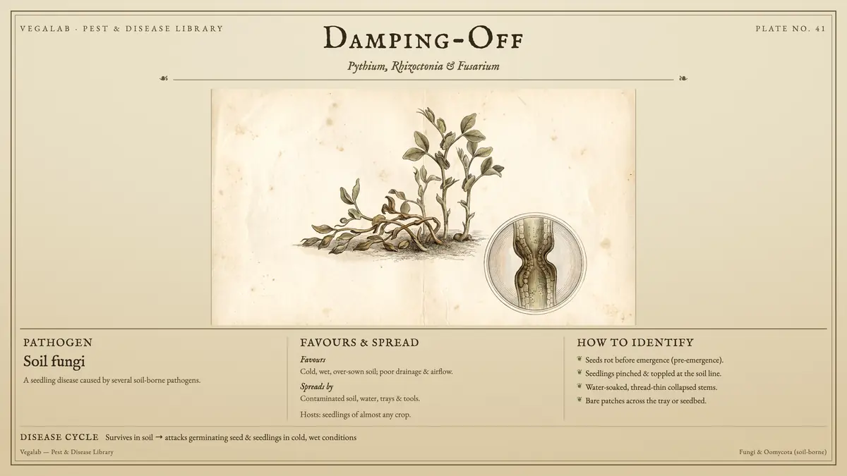 Identification plate for damping-off: soil fungi, size shown to scale, with survives in soil → attacks germinating seed & seedlings in cold, wet conditions.