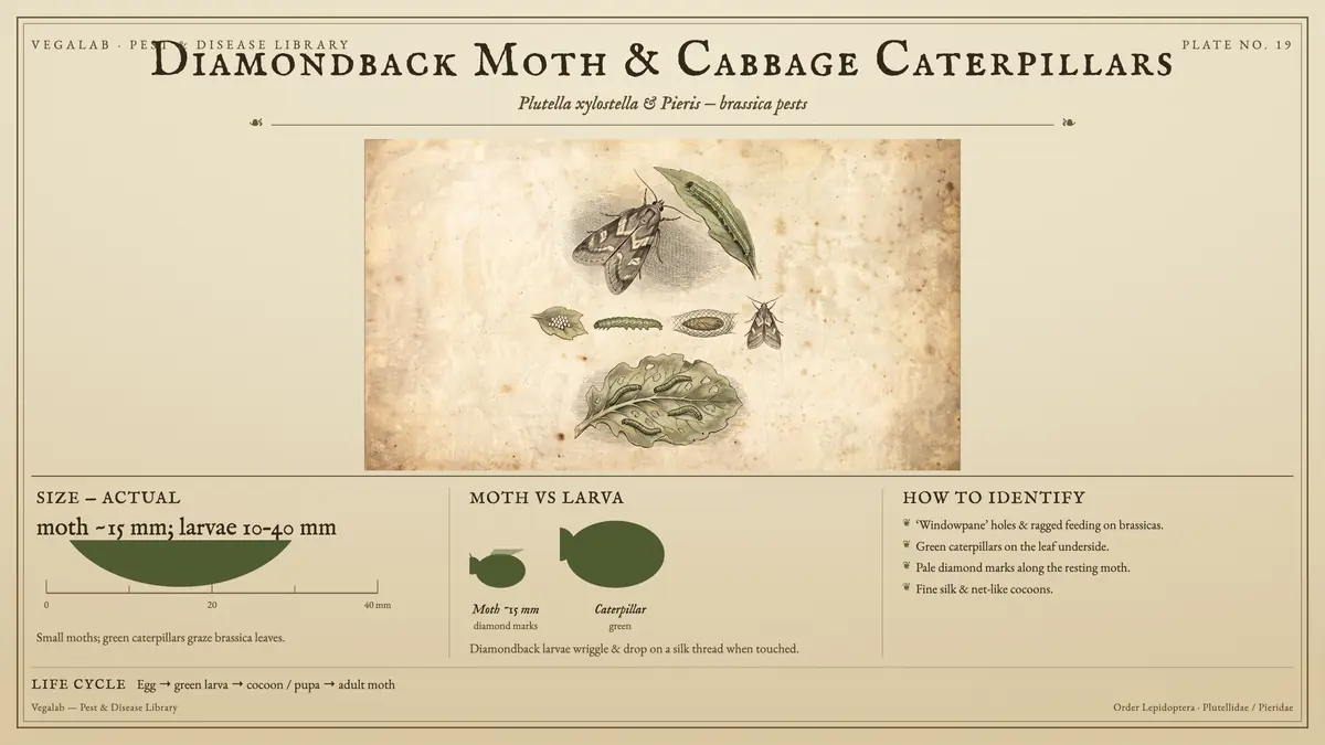 Identification plate for diamondback moth & cabbage caterpillars: about moth ~15 mm; larvae 10 - 40 mm, Moth ~15 mm diamond marks and Caterpillar green, with egg → green larva → cocoon / pupa → adult moth.