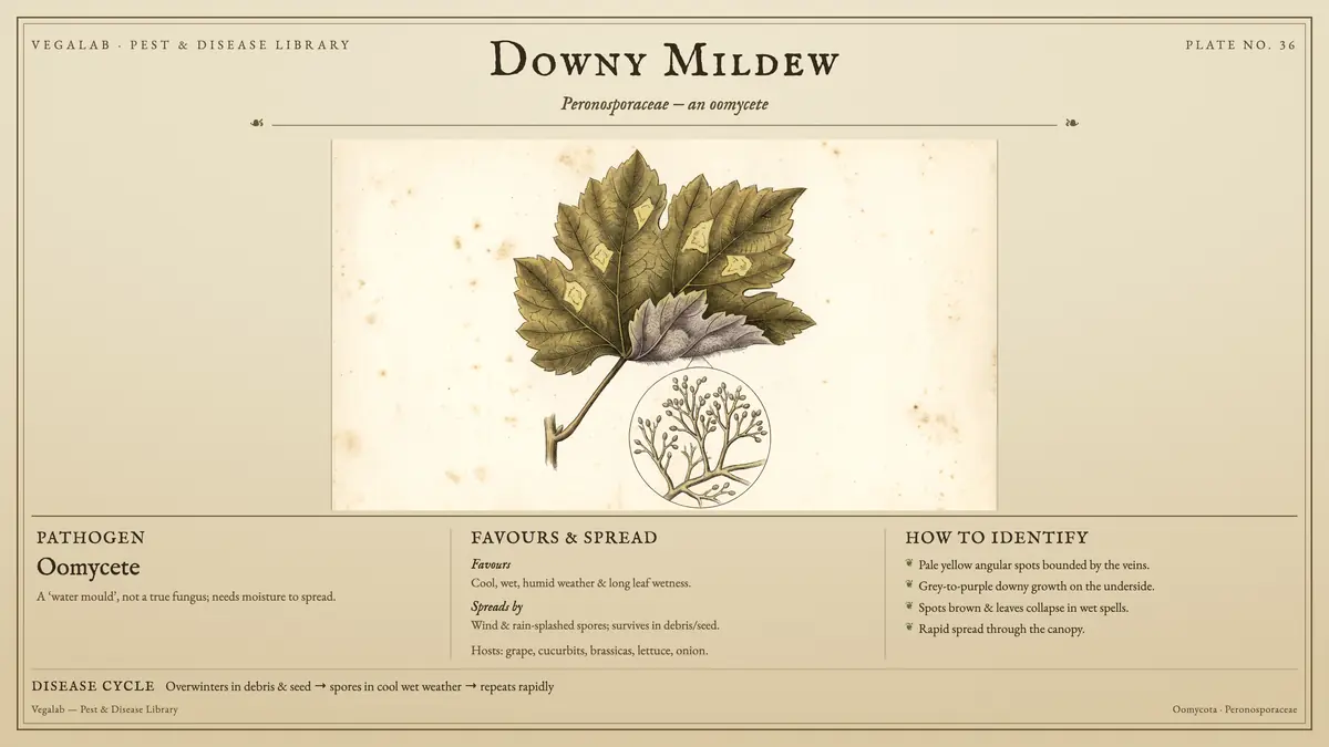 Identification plate for downy mildew: oomycete, size shown to scale, with overwinters in debris & seed → spores in cool wet weather → repeats rapidly.