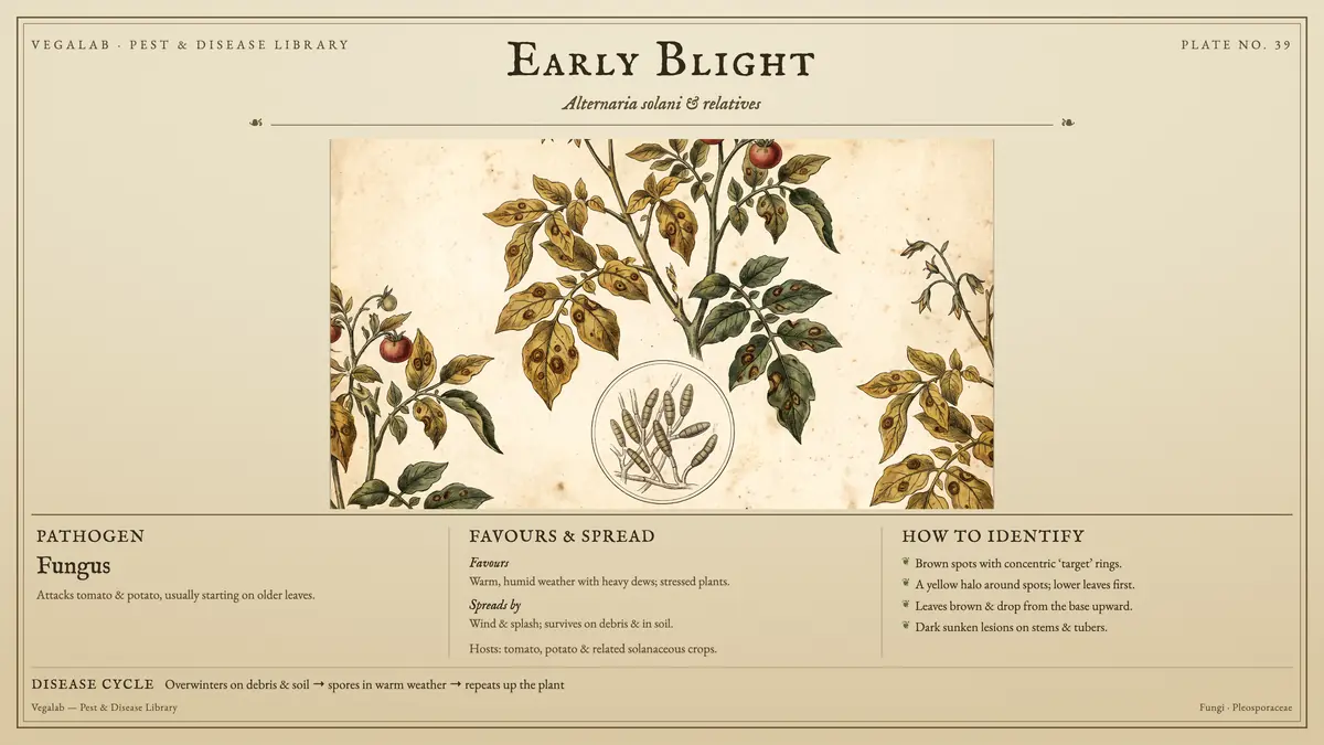 Identification plate for early blight: fungus, size shown to scale, with overwinters on debris & soil → spores in warm weather → repeats up the plant.