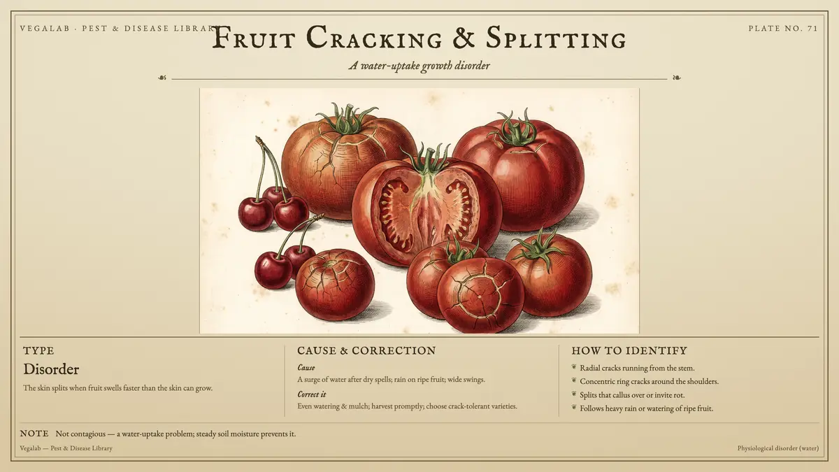 Identification plate for fruit cracking & splitting: disorder, size shown to scale, with not contagious - a water-uptake problem; steady soil moisture prevents it..