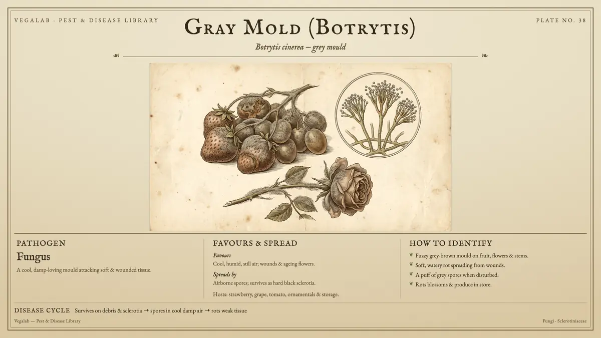 Identification plate for gray mold (botrytis): fungus, size shown to scale, with survives on debris & sclerotia → spores in cool damp air → rots weak tissue.