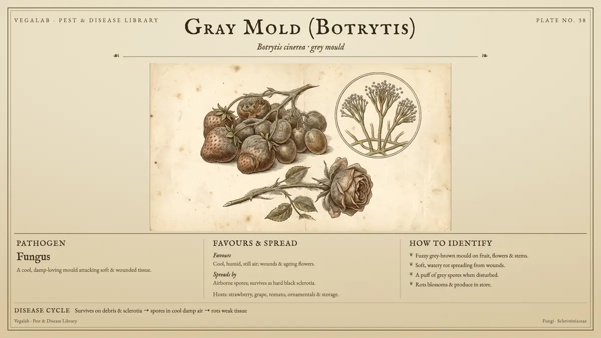 Lámina de identificación del moho gris (botritis): hongo, tamaño mostrado a escala, con su ciclo: sobrevive en restos y esclerocios → esporas en aire fresco y húmedo → pudre tejidos débiles.