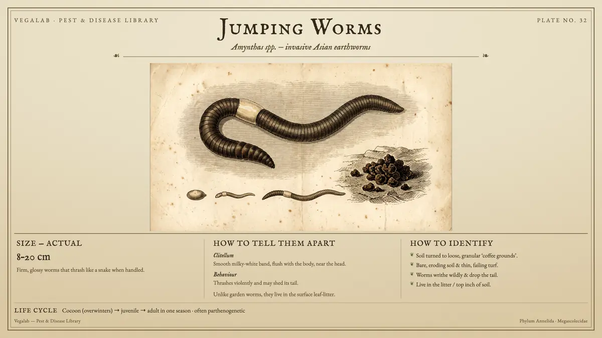 Identification plate for jumping worms: about 8 - 20 cm, size shown to scale, with cocoon (overwinters) → juvenile → adult in one season · often parthenogenetic.