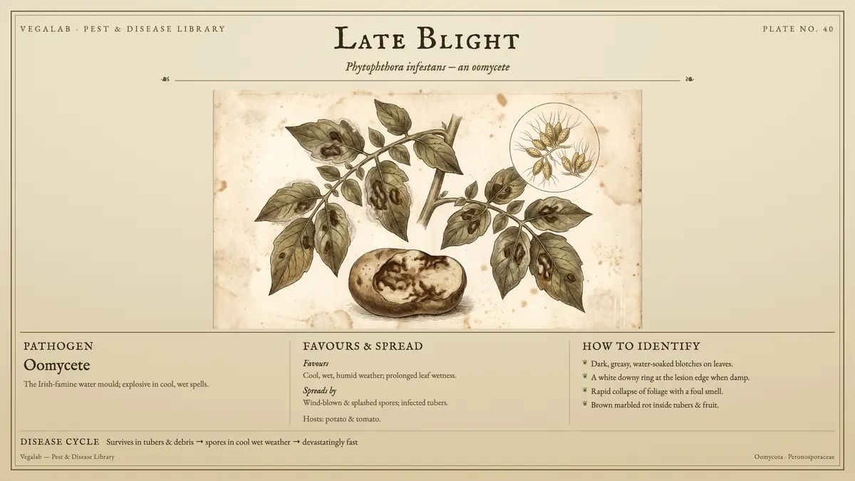 Identification plate for late blight: oomycete, size shown to scale, with survives in tubers & debris → spores in cool wet weather → devastatingly fast.