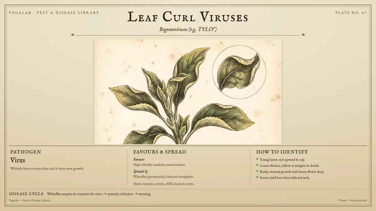 Identification plate for leaf curl viruses: virus, size shown to scale, with whiteflies acquire & transmit the virus → systemic infection → stunting.