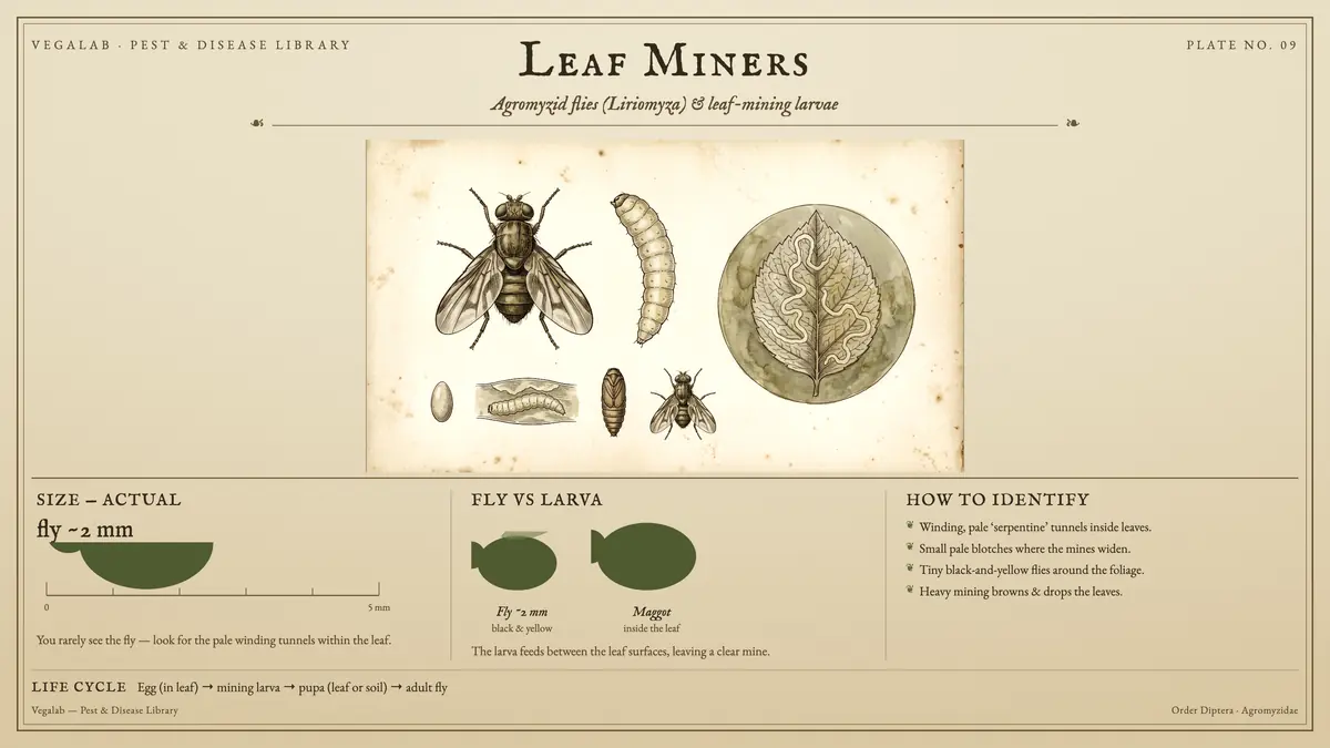 Identification plate for leaf miners: about fly ~2 mm, Fly ~2 mm black & yellow and Maggot inside the leaf, with egg (in leaf) → mining larva → pupa (leaf or soil) → adult fly.