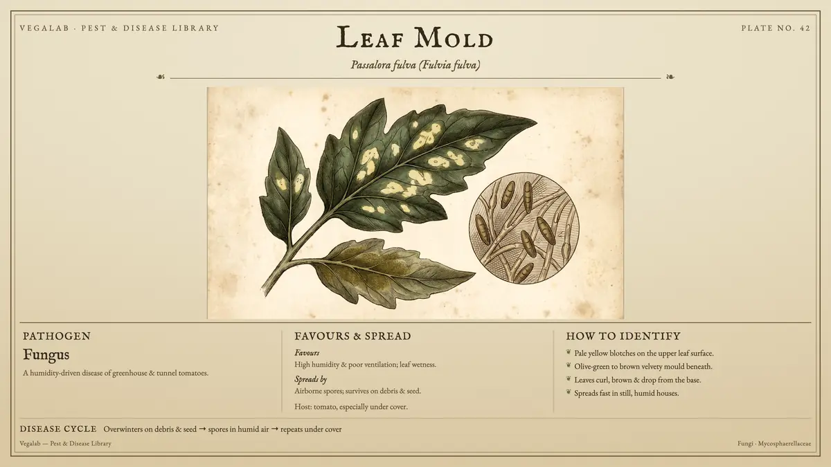 Identification plate for leaf mold: fungus, size shown to scale, with overwinters on debris & seed → spores in humid air → repeats under cover.