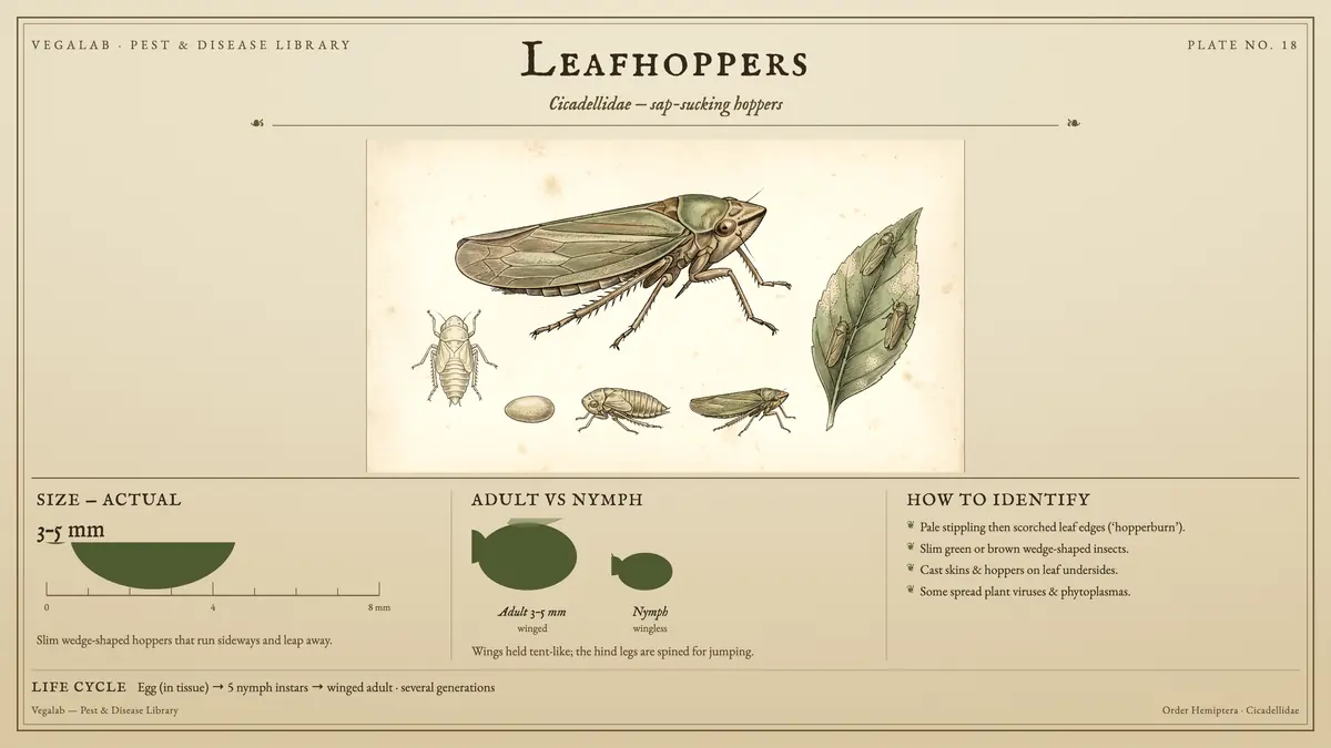 Identification plate for leafhoppers: about 3 - 5 mm, Adult 3 - 5 mm winged and Nymph wingless, with egg (in tissue) → 5 nymph instars → winged adult · several generations.