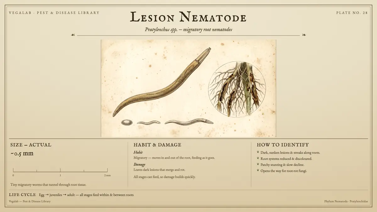 Identification plate for lesion nematode: about ~0.5 mm, size shown to scale, with egg → juveniles → adult - all stages feed within & between roots.