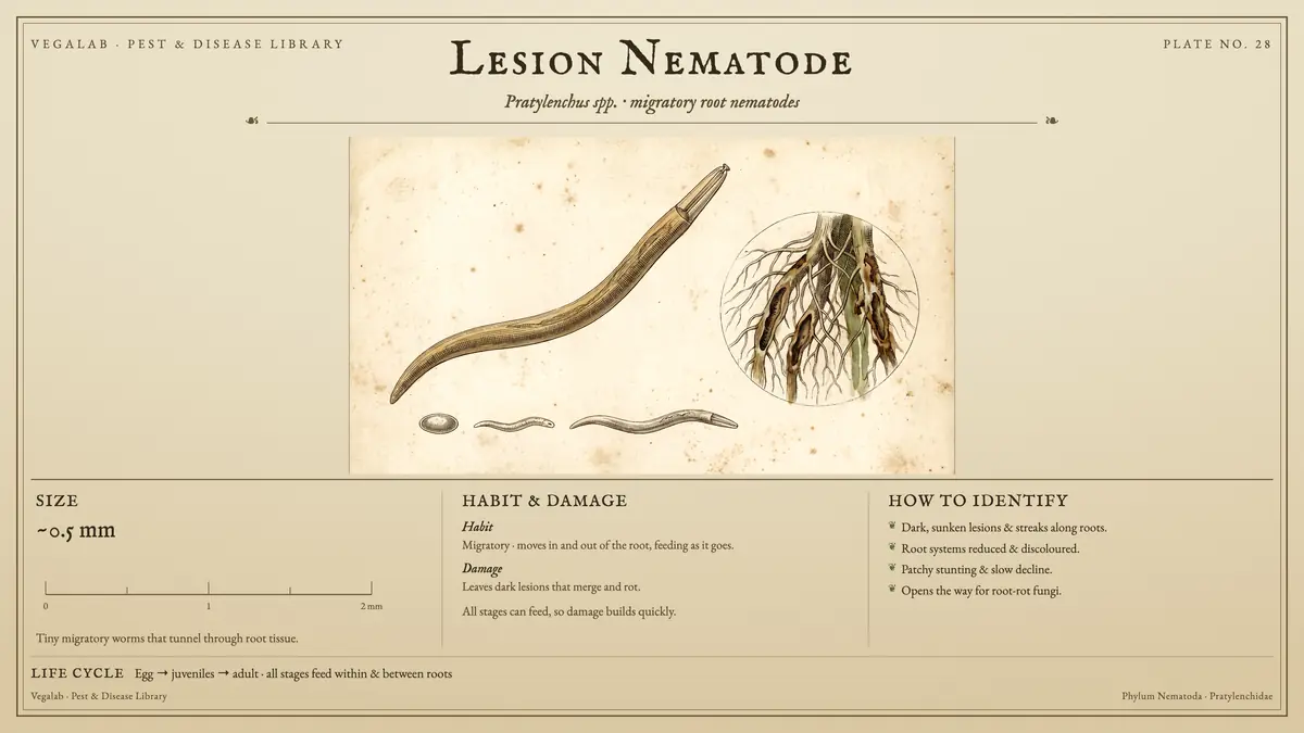 Lámina de identificación del nematodo lesionador: aproximadamente 0.5 mm, tamaño a escala, con huevo → juveniles → adulto; todas las etapas se alimentan dentro de las raíces y entre ellas.
