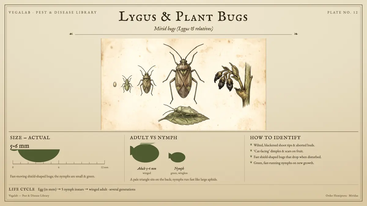 Identification plate for lygus & plant bugs: about 5 - 6 mm, Adult 5 - 6 mm winged and Nymph green, wingless, with egg (in stem) → 5 nymph instars → winged adult · several generations.