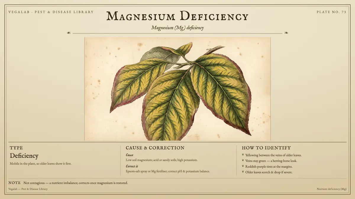 Identification plate for magnesium deficiency: deficiency, size shown to scale, with not contagious - a nutrient imbalance; corrects once magnesium is restored..