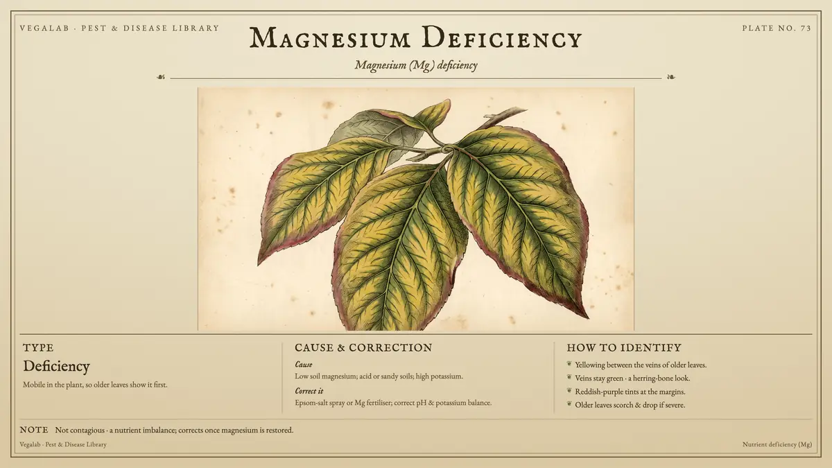 Lámina de identificación de la deficiencia de magnesio: deficiencia, tamaño mostrado a escala, con la nota: no es contagiosa, es un desequilibrio nutricional; se corrige una vez que se restablece el magnesio.