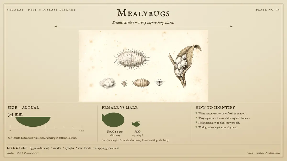 Identification plate for mealybugs: about 3 - 5 mm, Female 3 - 5 mm white, waxy and Male tiny, winged, with egg mass (in wax) → crawler → nymphs → adult female · overlapping generations.