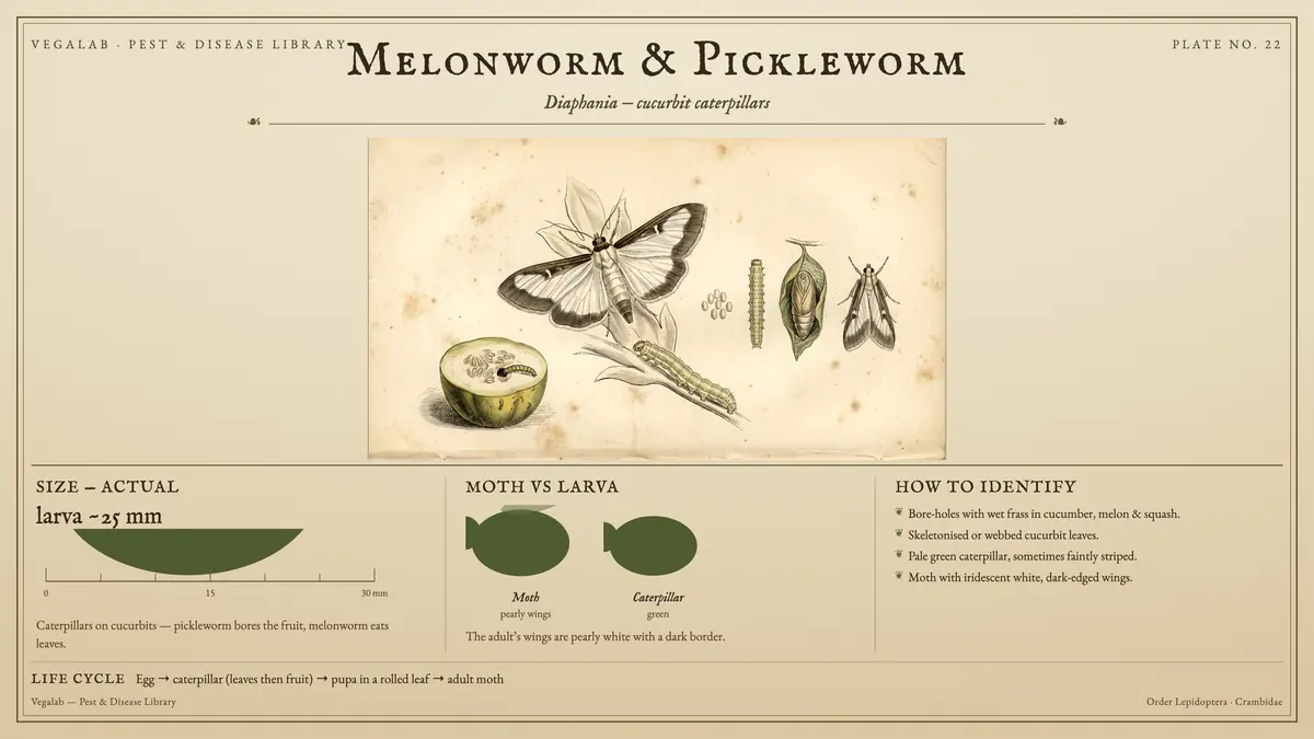 Identification plate for melonworm & pickleworm: about larva ~25 mm, Moth pearly wings and Caterpillar green, with egg → caterpillar (leaves then fruit) → pupa in a rolled leaf → adult moth.