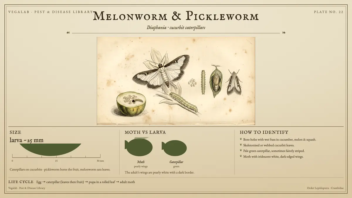 Lámina de identificación del gusano del melón y el gusano del pepinillo: larva de unos 25 mm, polilla de alas nacaradas y oruga verde, con huevo → oruga (hojas y luego frutos) → pupa en una hoja enrollada → polilla adulta.