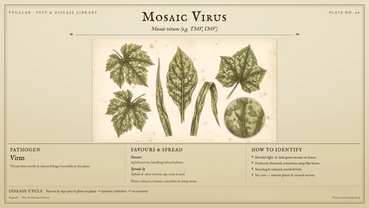 Identification plate for mosaic virus: virus, size shown to scale, with vectors & sap carry it plant-to-plant → systemic infection → no recovery.