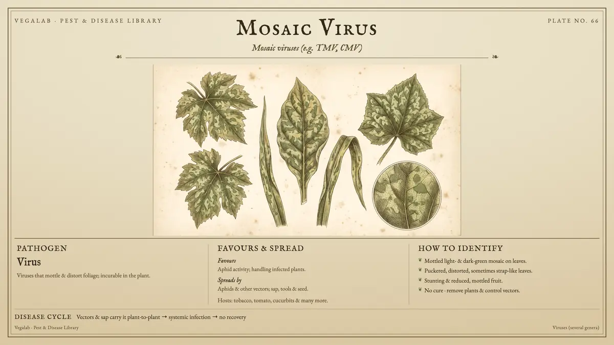 Lámina de identificación del virus del mosaico: virus, tamaño mostrado a escala; los vectores y la savia lo transmiten de planta a planta → infección sistémica → sin recuperación.