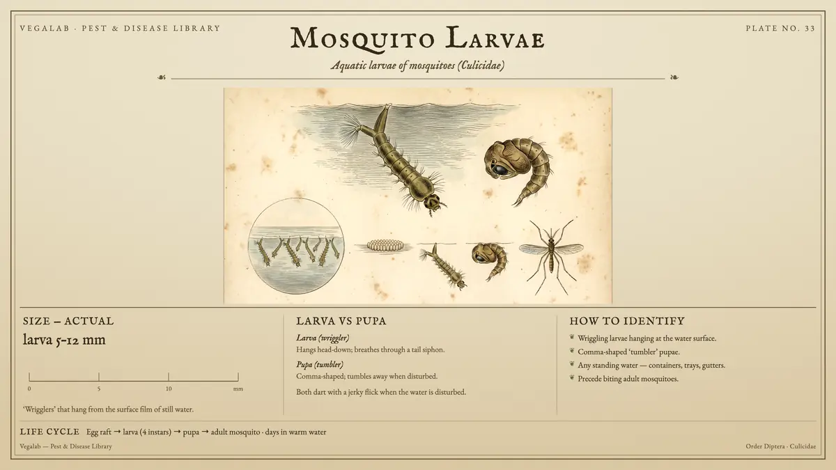 Identification plate for mosquito larvae: about larva 5 - 12 mm, size shown to scale, with egg raft → larva (4 instars) → pupa → adult mosquito · days in warm water.