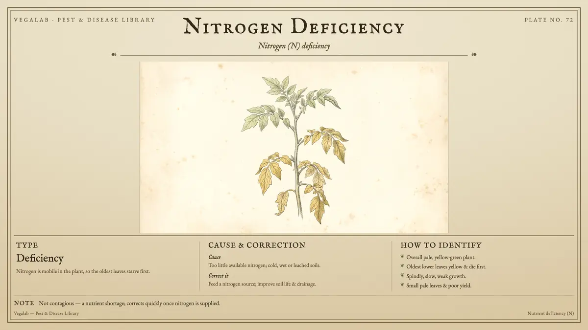Identification plate for nitrogen deficiency: deficiency, size shown to scale, with not contagious - a nutrient shortage; corrects quickly once nitrogen is supplied..