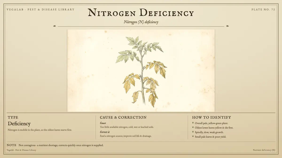 Lámina de identificación de la deficiencia de nitrógeno: deficiencia, tamaño mostrado a escala, no contagiosa; es una carencia de nutrientes y se corrige rápidamente una vez que se suministra nitrógeno.