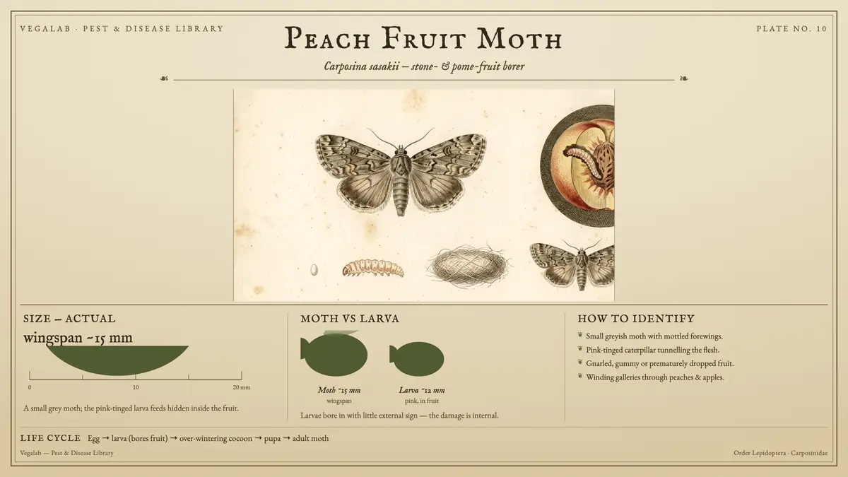 Identification plate for peach fruit moth: about wingspan ~15 mm, Moth ~15 mm wingspan and Larva ~12 mm pink, in fruit, with egg → larva (bores fruit) → over-wintering cocoon → pupa → adult moth.