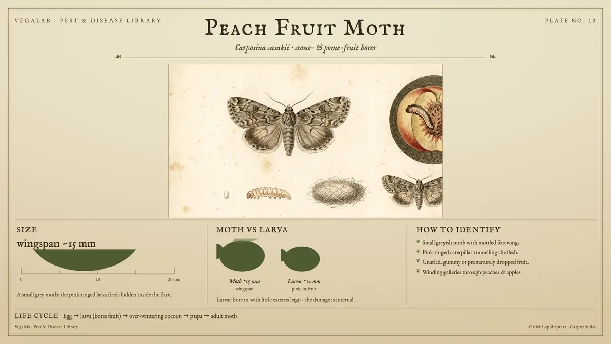Lámina de identificación de la polilla de la fruta del durazno: envergadura de unos ~15 mm, polilla de ~15 mm de envergadura y larva de ~12 mm, rosada, dentro del fruto, con huevo → larva (perfora el fruto) → capullo invernante → pupa → polilla adulta.