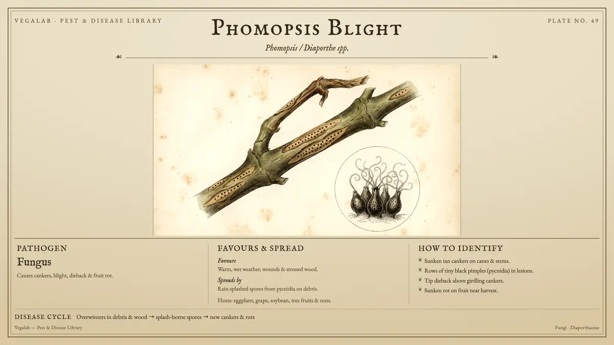 Identification plate for phomopsis blight: fungus, size shown to scale, with overwinters in debris & wood → splash-borne spores → new cankers & rots.