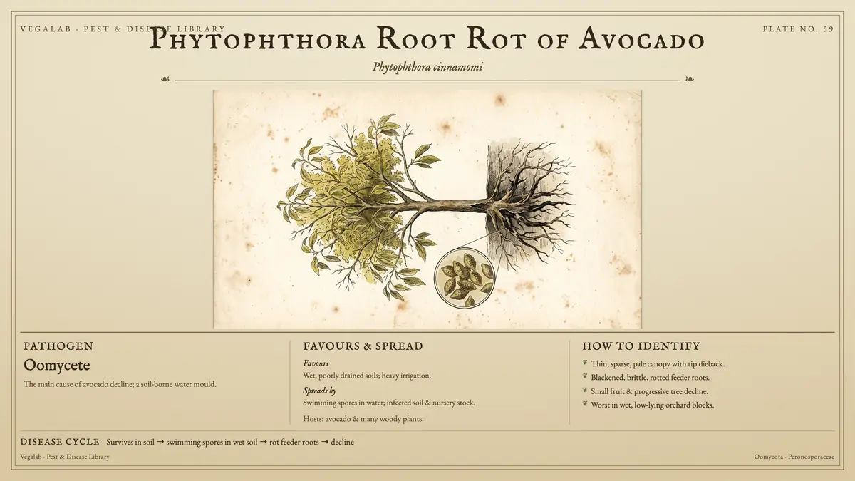 Identification plate for phytophthora root rot of avocado: oomycete, size shown to scale, with survives in soil → swimming spores in wet soil → rot feeder roots → decline.
